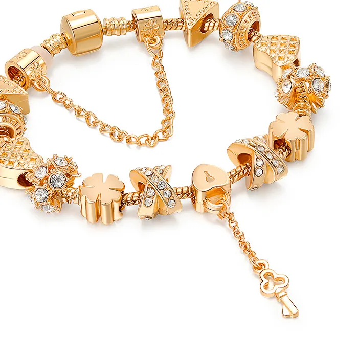 Authentic New Fashion Jewelry Woman's Crystal Zircon Beads Gold key Lock Charms Bracelet RJ223