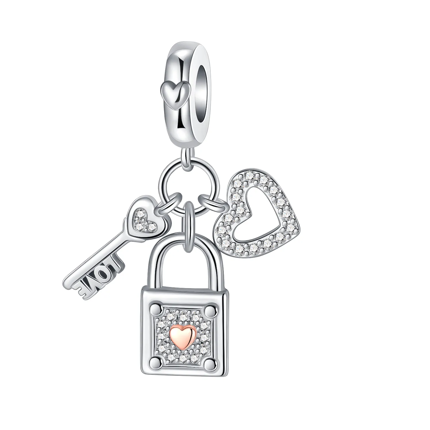Authentic 925 Sterling Silver Lock Key Love Diamond Rose Gold Pendant Charm Fit Original  Charms Bracelets Women DIY Jewelry Gift