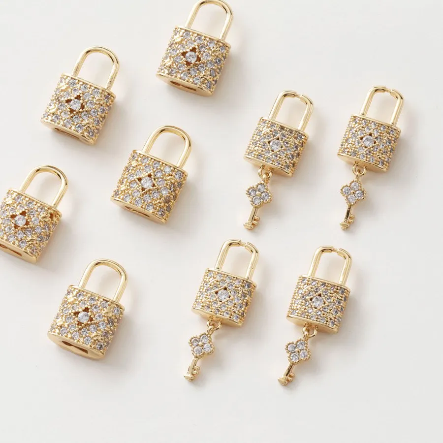 Authentic 2PCS 14K Gold Plated Key Lock Pendant with Zircon Superior Quality Charms for Jewelry Making DIY Hand Made Accessories