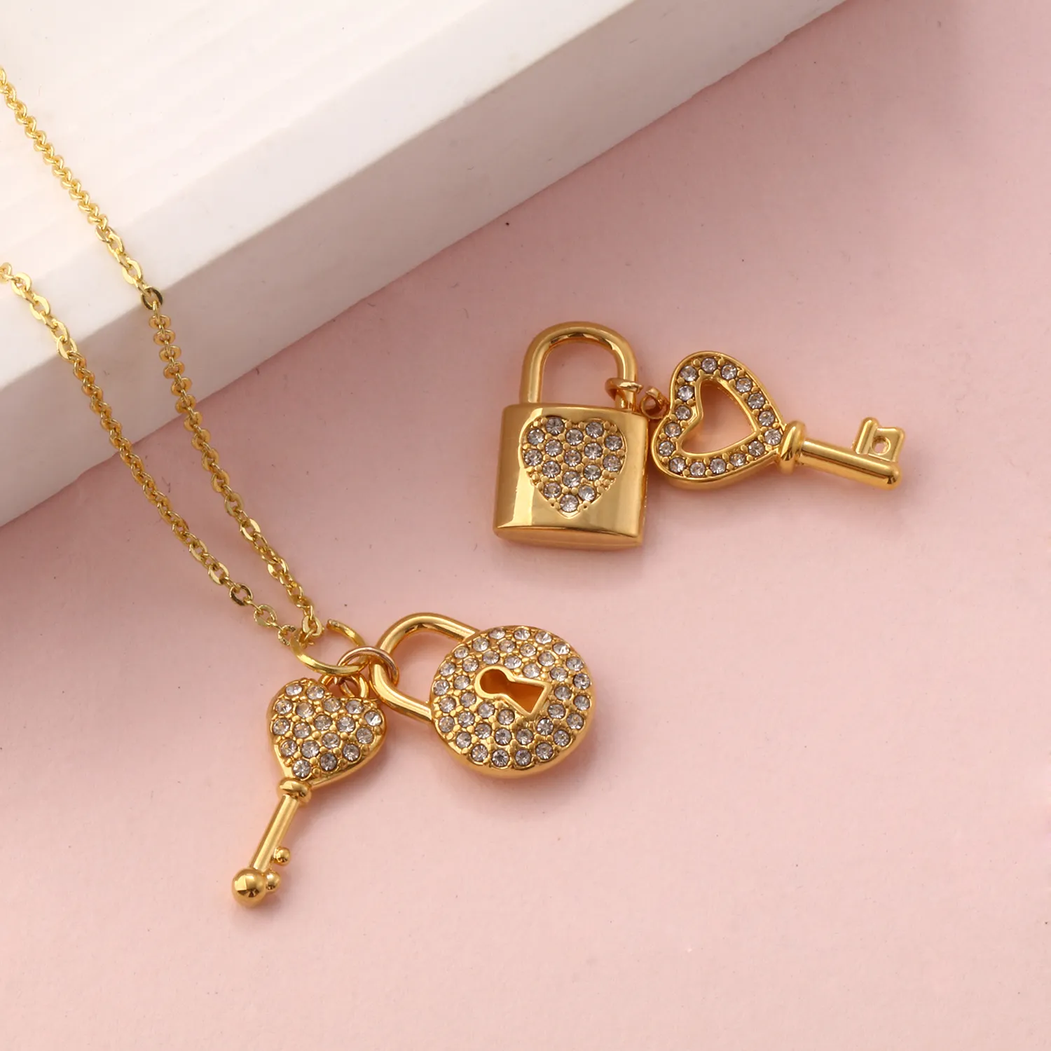 Authentic 1 Piece 304 Stainless Steel Charms 18K Gold Plated Lock & Key Heart Micro Pave Pendants For DIY Necklace Jewelry Making Findings