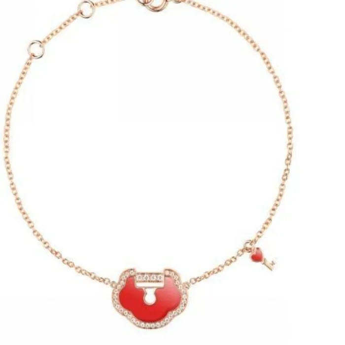 Authentic Rose Gold Plated Ruyi Lock Bracelet with Red Enamel, Diamond Border and Key Charm