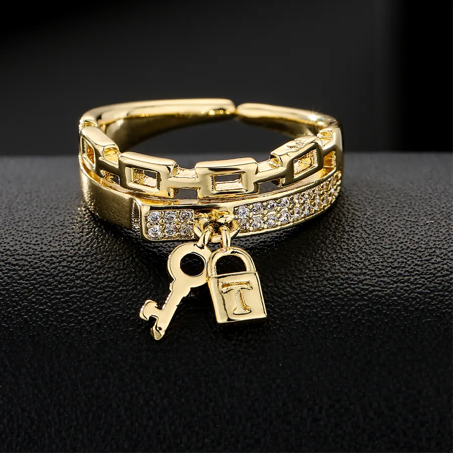 Authentic NEWBUY Fashion Gold Color Copper Wedding Jewelry Luxury AAA CZ Zircon Lock & Key Charm Finger Ring Adjustable For Women Girl
