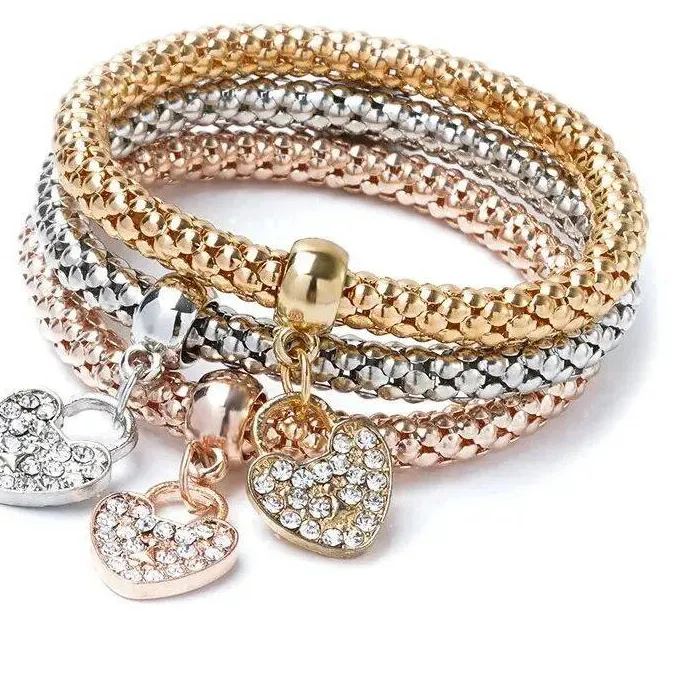 Authentic 3 PCS Set Heart Lock Key Music Sign Charm Bracelet Owl Rose Gold Plating Silver Color Chain Owm Charm Bangle Jewelry Set