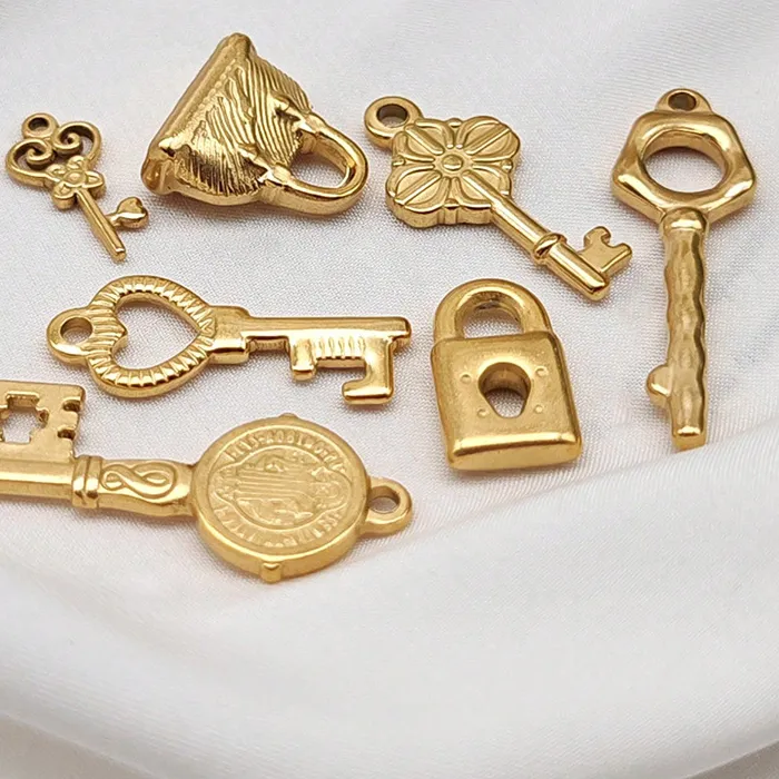 Authentic Gold Key Lock Charms for Jewelry Making, Vintage Pendants for Women Men, Gold Plated Steel Charms for Bracelet Necklace