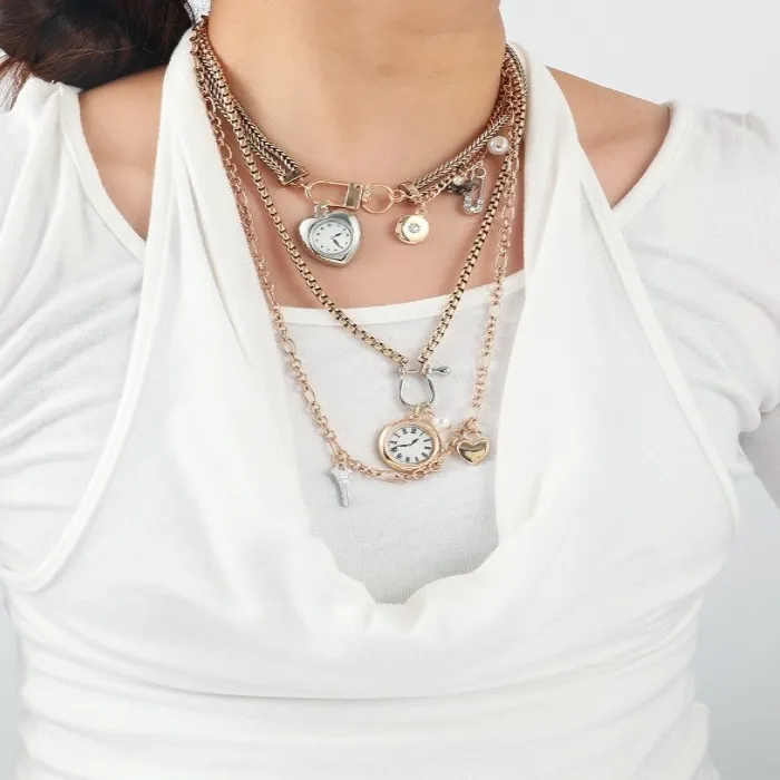 Authentic Vintage Clock Layered Necklace Gold Multi Chain Choker Heart Lock Key Charm Steampunk Style Jewelry Statement Gift