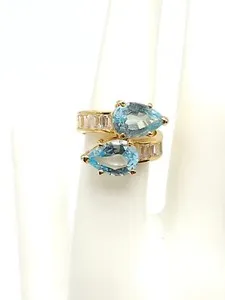 Authentic The Celestial Dual Flame: Vintage Blue Topaz and Clear Crystal Bypass Ring in Radiant Gold