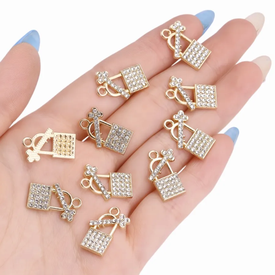 Authentic 10Pcs Trendy Crystal Lock Key Charm For Jewelry Making Earrings Pendant Necklace Accessories Diy Craft Finding Gold Plated