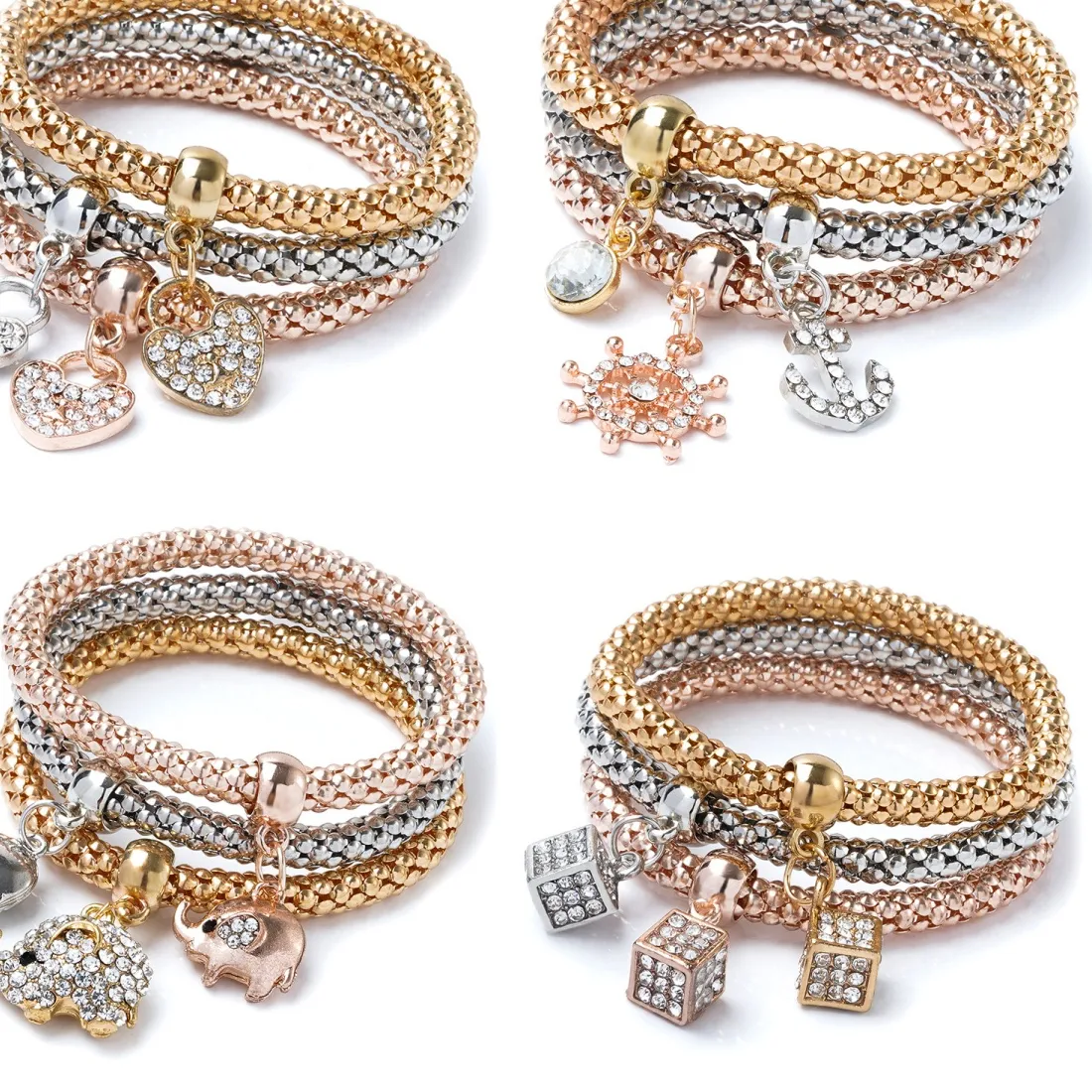 Authentic 3 PCS Set Heart Lock Key Music Sign Charm Bracelet Owl Rose Gold Plating Silver Color Chain Owm Charm Bangle Jewelry Set