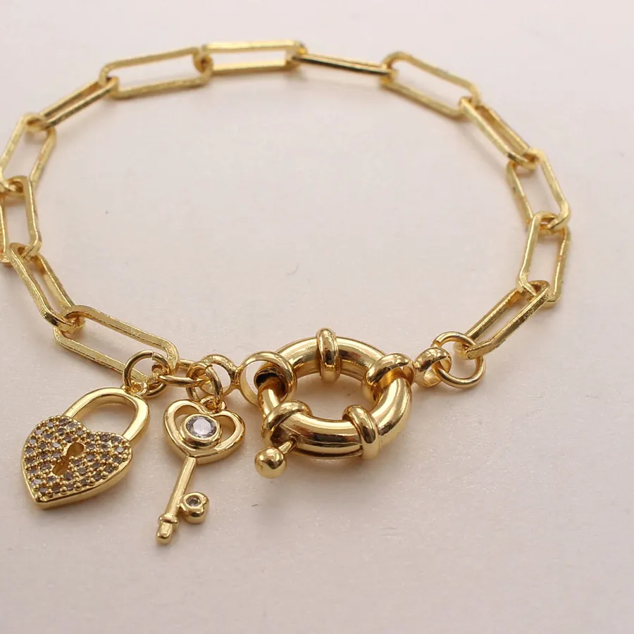 Authentic MHS.SUN Charm Cubic Zirconia Lock/Key/Wings Pendant Bracelets Women Gold Color Chunky Chain Bangles Hiphop Jewelry Gifts 1PC