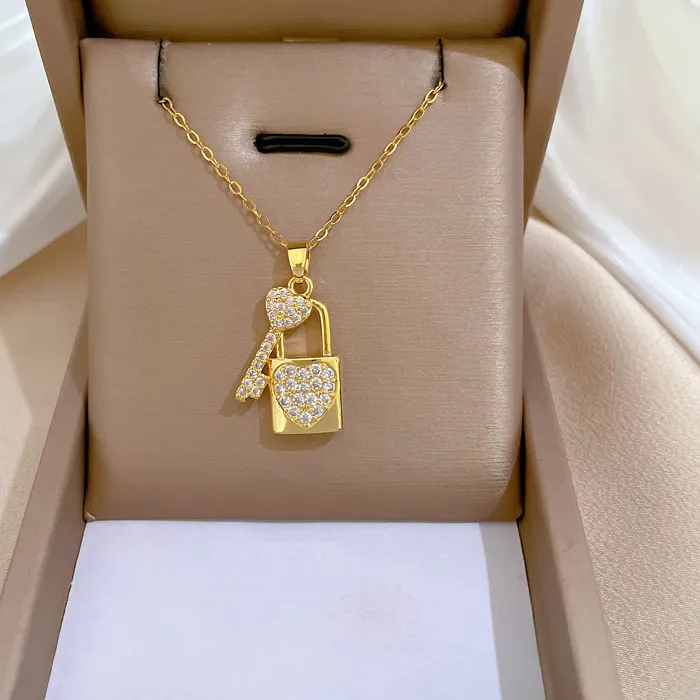 Authentic Original Design Luxury Zircon Full Lock and Key Pendant Necklace for Women Charm Gold Color Stainless Steel Chokers Jewelry Gift