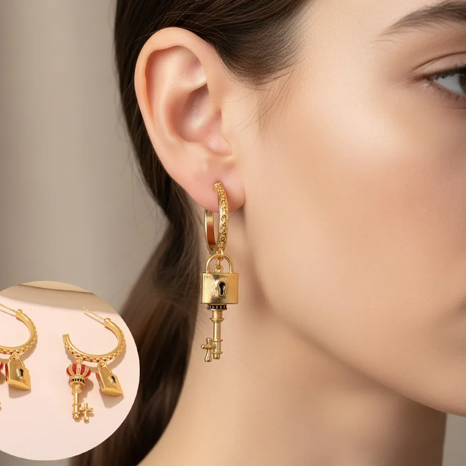 Authentic The Sovereign Seal: 18K Gold-Plated Lock and Key Crown Hoops