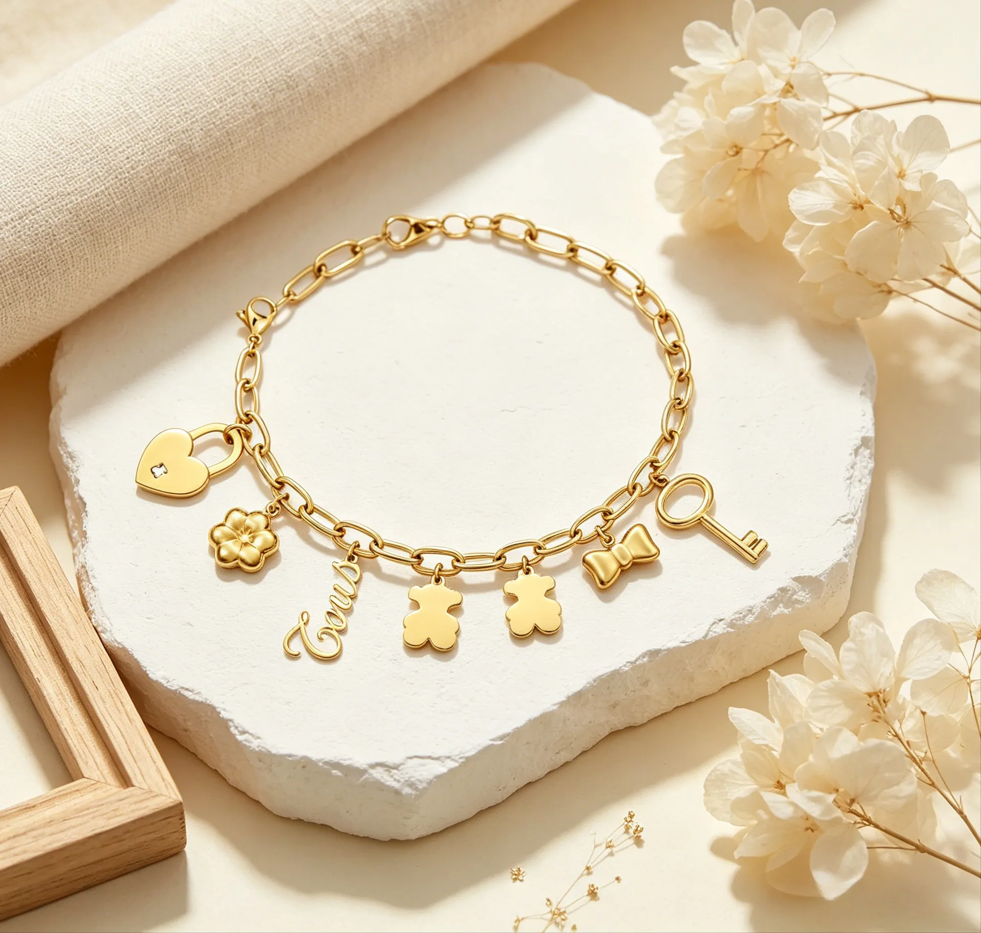 Authentic Gold Plated Paperclip Chain Charm Bracelet Heart Lock Bear Flower Bow Key Multi Charms Dainty Stackable Wrist Jewelry For Women Girls Gift