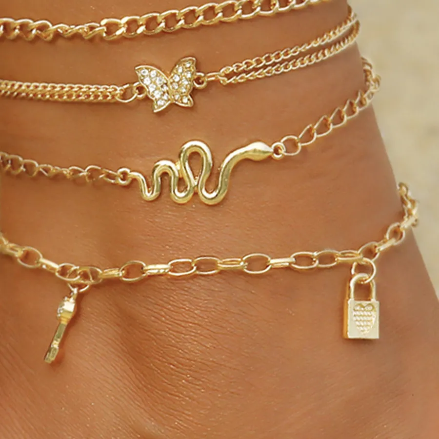 Authentic Bohemia Gold Color Snake Ankle Bracelet Set For Women Butterfly Key Lock Charm Anklet Chain On Leg Boho Jewelry Gift