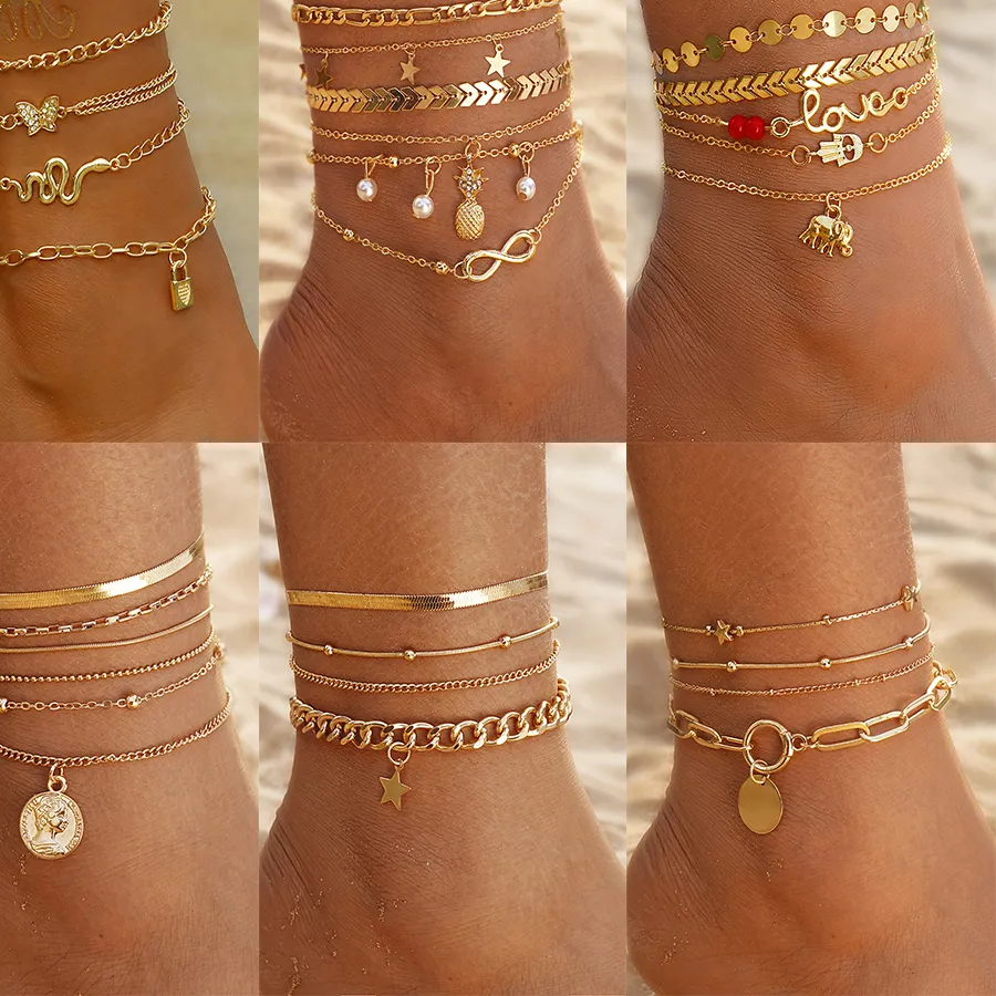 Authentic Bohemia Gold Color Snake Ankle Bracelet Set For Women Butterfly Key Lock Charm Multiple Styles Anklet Chain On Leg Boho Jewelry