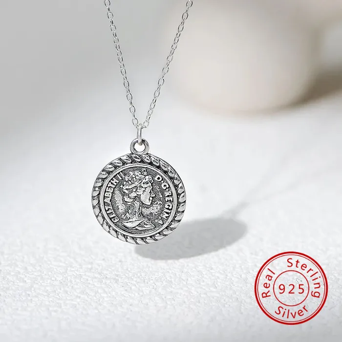 Authentic 925 Sterling Silver 14K Gold/Antique Oxidized Plated Queen Elizabeth Coin Pendant Necklace Women Vintage Fine Jewelry