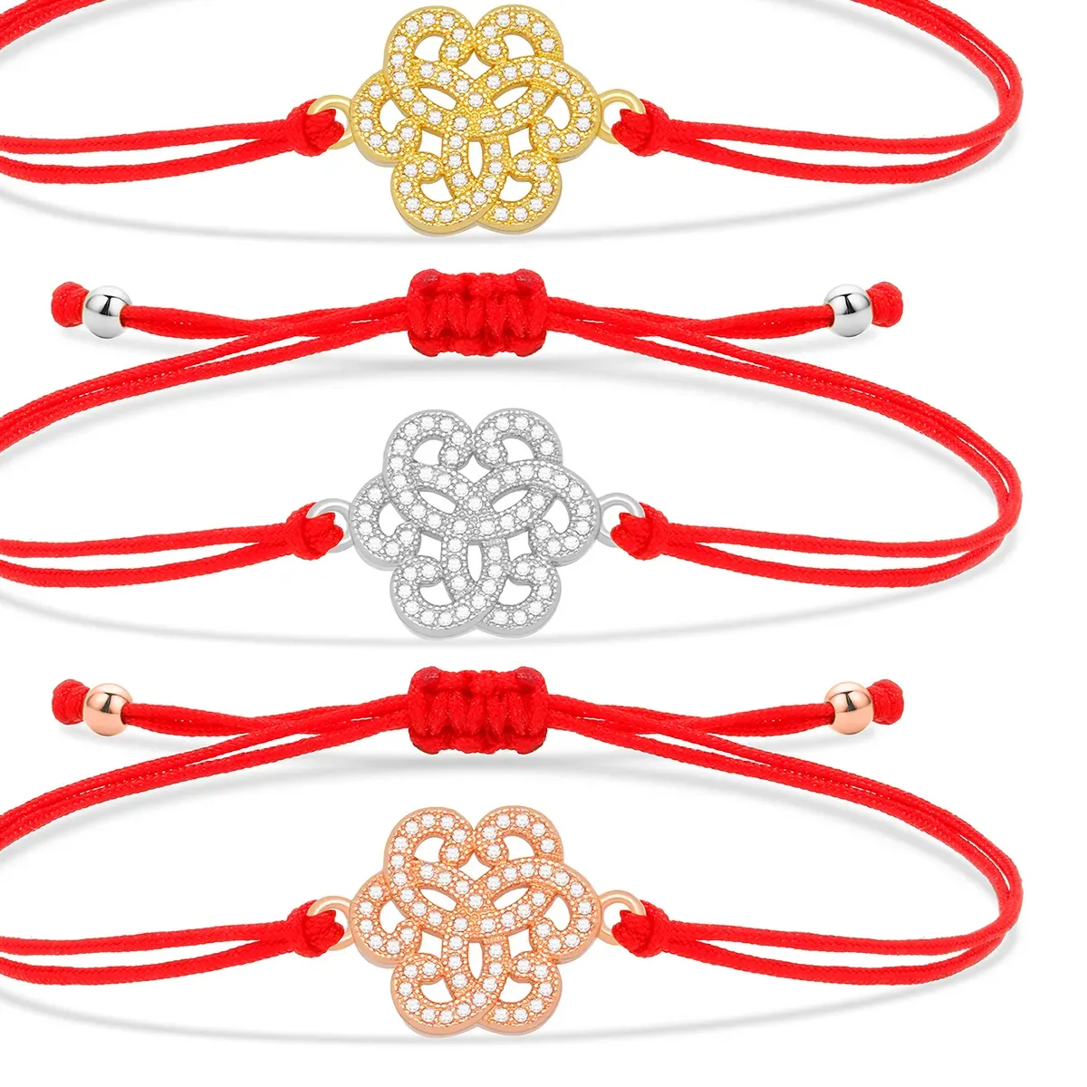 Authentic Gold-plated With White Cubic Zirconia Stones Flower Charm Bracelet Women 2022 CZ Zircon Red String Jewelry