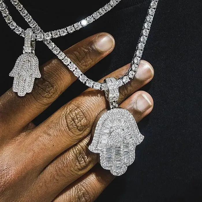 Authentic Hip Hop 3A+ CZ Stone Paved Bling Lced Out Hand Of Fatima Pendants Necklace For Men Charm Rapper Jewelry Gold Silver Color