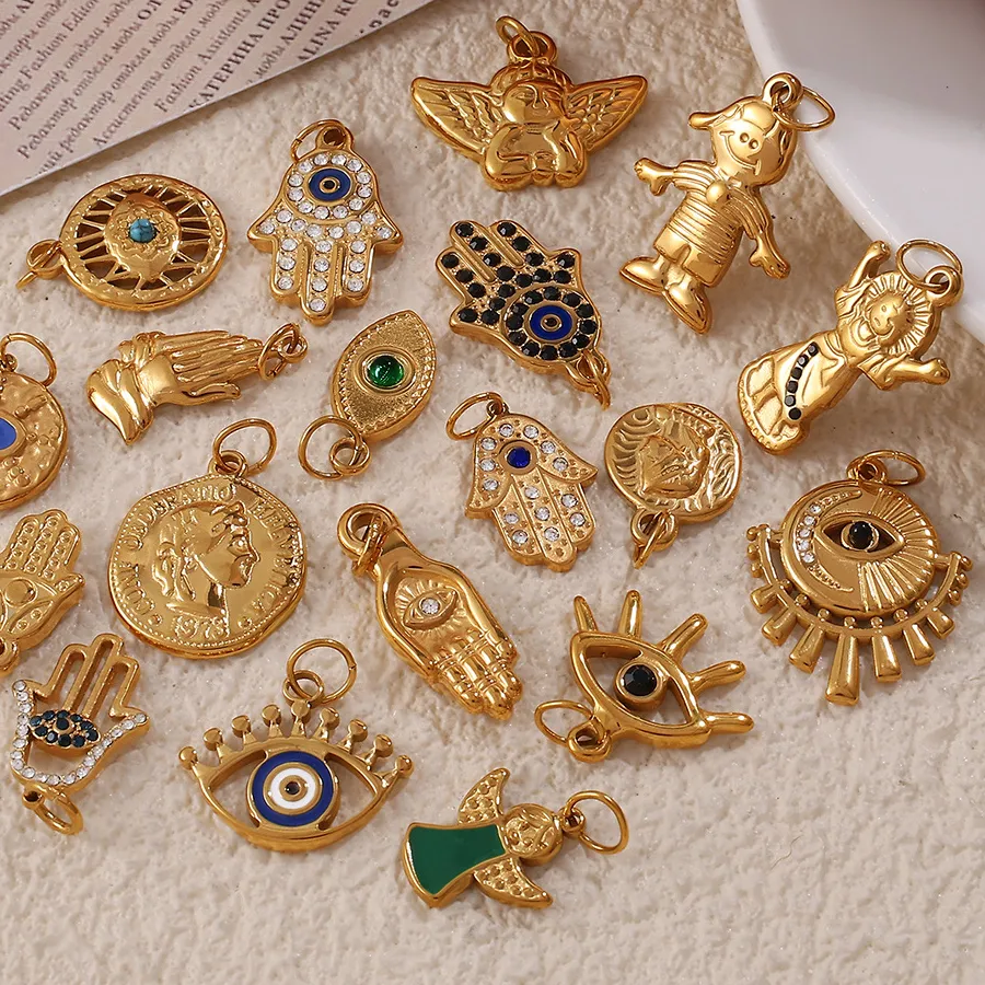Authentic Bulk Vintage Amulet Charms Gold Evil Eye Fatima Hand Coin Pendant for DIY Bracelet Jewelry Making Findings Lot