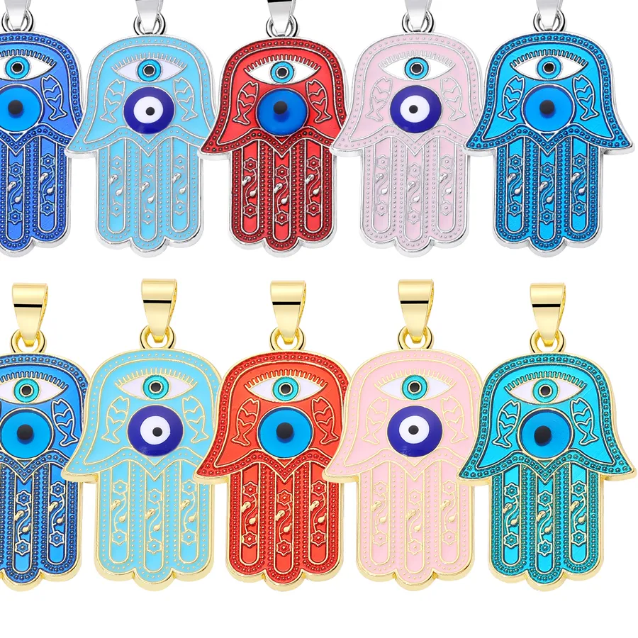 Authentic Juya 6Pcs/Lot 18K Gold Silver Plated Enamel Greek Evil Eye Hamsa Hand Of Fatima Charms For DIY Talisman Turkish Jewelry Making