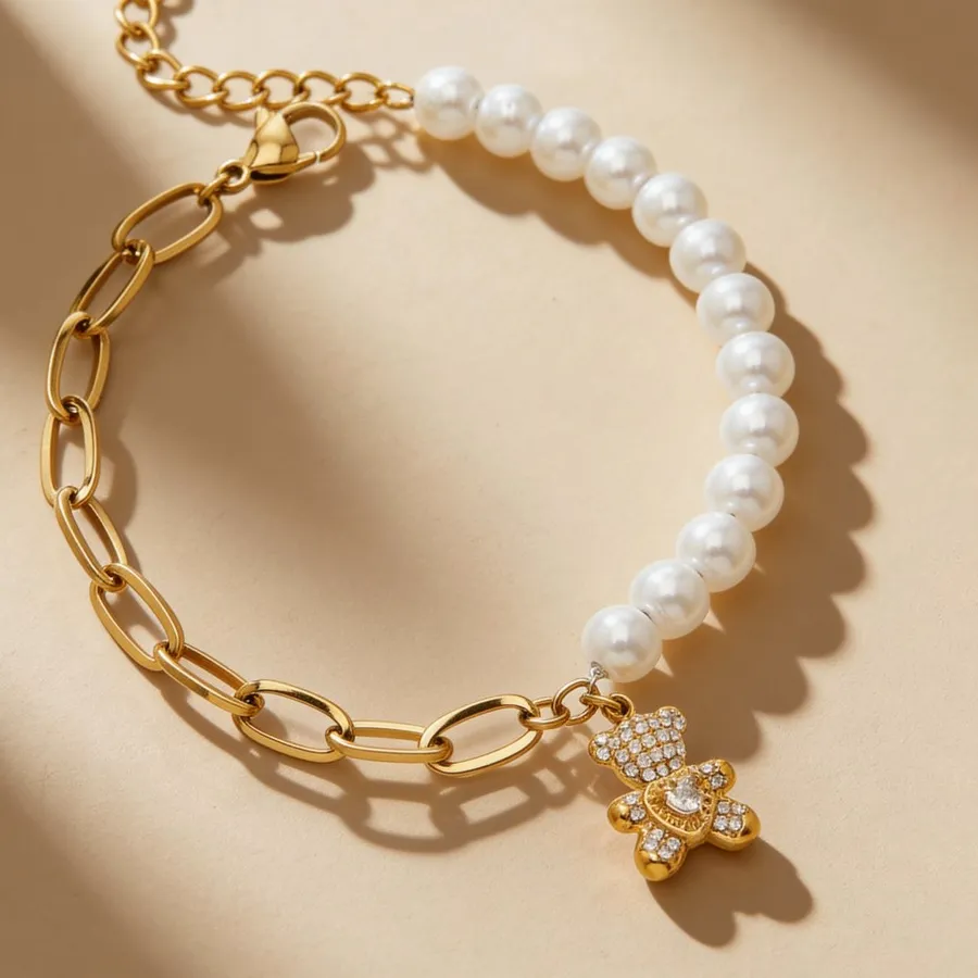 Authentic Stainless Steel Link Chain Bracelet for Women 18k Gold Plated With Zirconia Bear Charm Bracelets Shell Beads Beaded Bracelet