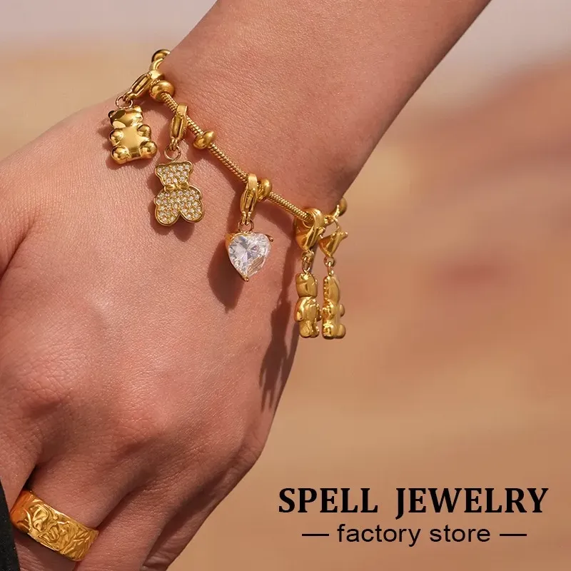Authentic Cute Bear Charms Bracelet In 18k Gold Plated Waterproof Non Tarnish Diy Removable Charm Bracelets For Women