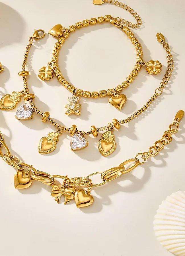 Authentic Chain Bracelet With Heart Charms For Women 18k Gold Plated Waterproof Non Tarnish Women's Bear Pendant Bracelets