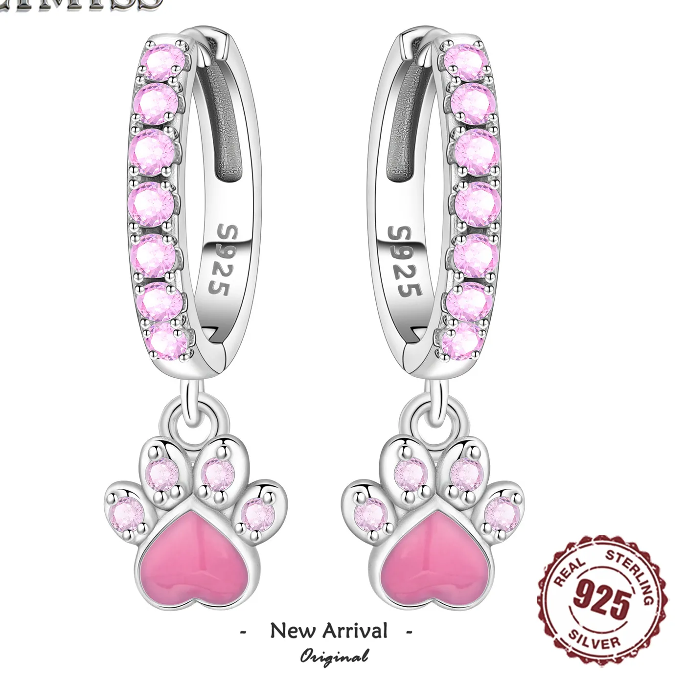 Authentic Original 925 Sterling Silver Zircon Pink Paw Print Earrings Heart Flower Leaf Design Jewelry Ear Loops