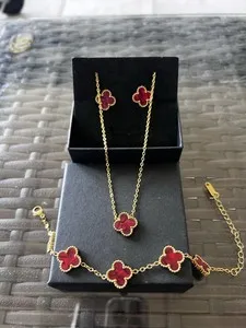 Authentic 18k Gold-Plated Four-Leaf Clover Jewelry Set-Red