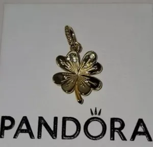 Authentic PANDORA SHINE LUCKY FOUR LEAF CLOVER Yellow GOLD Plated Pendant 367935CZ A86