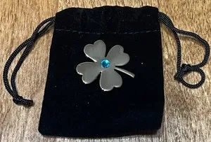 Authentic Gold Plated Lucky Four Leaf Clover Brooch Pin with Blue Zircon Stone