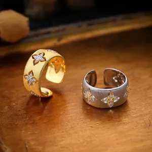 Authentic 18K Gold Plated Italian Retro Brushed Four-Leaf Clover Zircon Open Ring