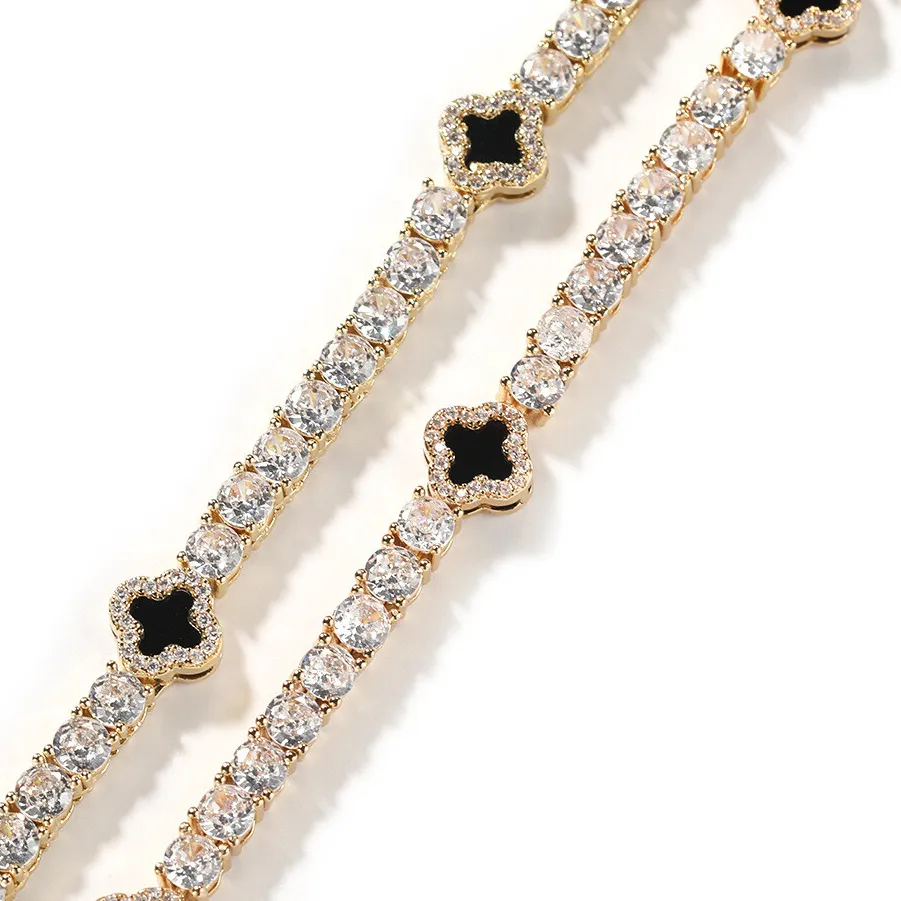 Authentic Women's Four-leaf Clover Iced Out CZ Tennis Chain Necklace For Men Gold Plated