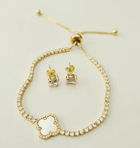 Authentic Four Leaf Crystal Clover MOP Bracelet Earring Set Gold Plated CZ Box