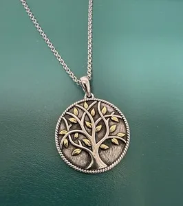 Authentic .925 Sterling Silver Tree of Life Pendant with Gold Plated Leaves 18"