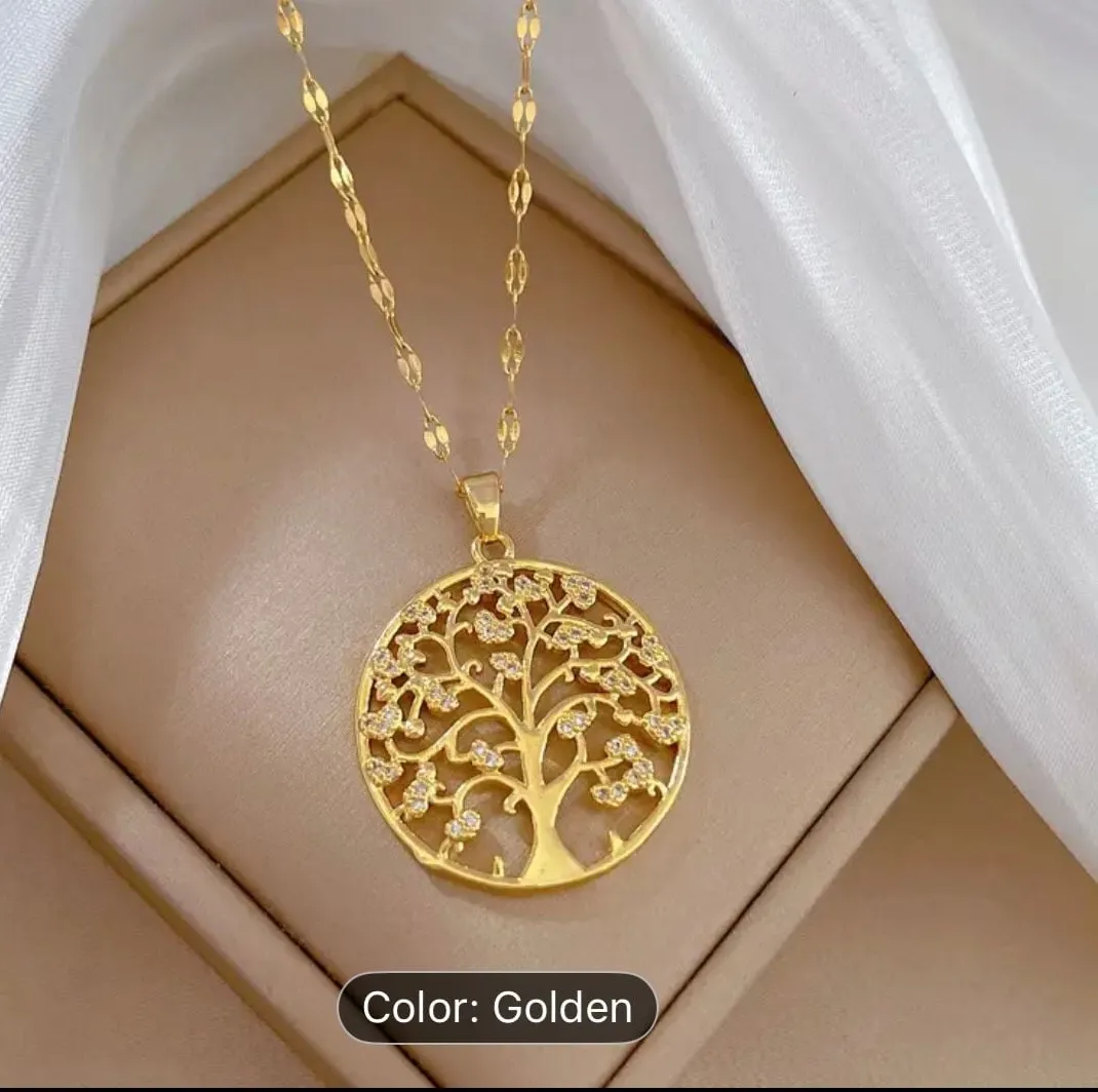 Authentic Gold Plated Cubic Zirconia Tree of Life Round Pendant Necklace