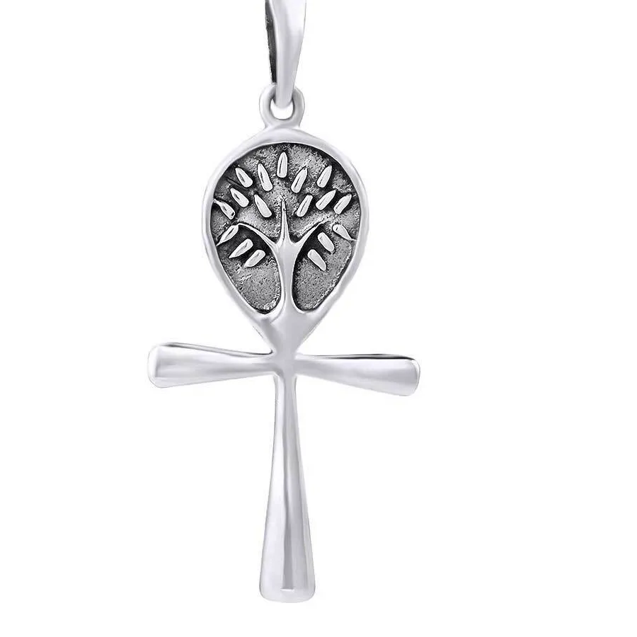 Authentic Mystical Ankh and Tree of Life 14K White Gold Plated Silver Pendant Necklace