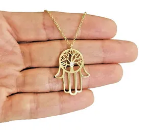 Authentic 925 Solid Sterling Silver & Gold Plated Hamsa Tree of Life 18" Necklace - ESN56