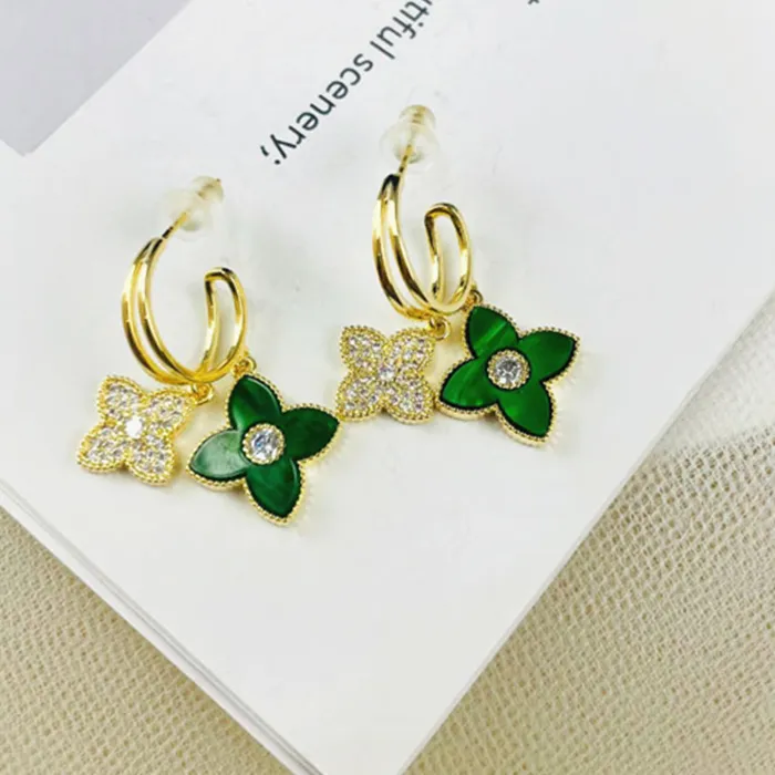 Authentic Trendy Rhinestone Four Petal Flower Earring For Women Crystal Green Plant Dangle Earrings Luxury Female Jewelry Gifts