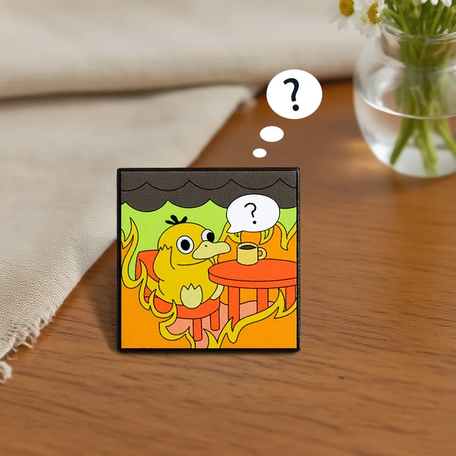 Authentic Cute Anime Duck Enamel Pin - House on Fire Design with Confused Duck - Brooch Jewelry for Anime Fans, Funny Animal Badge