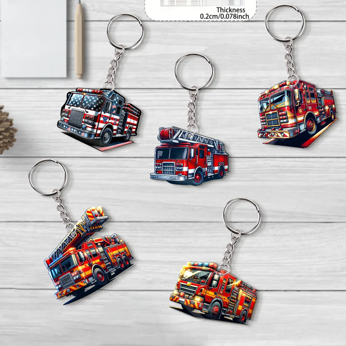 Authentic Emblazoned with Courage: 2D Fire Truck Keychain of Unwavering Spirit