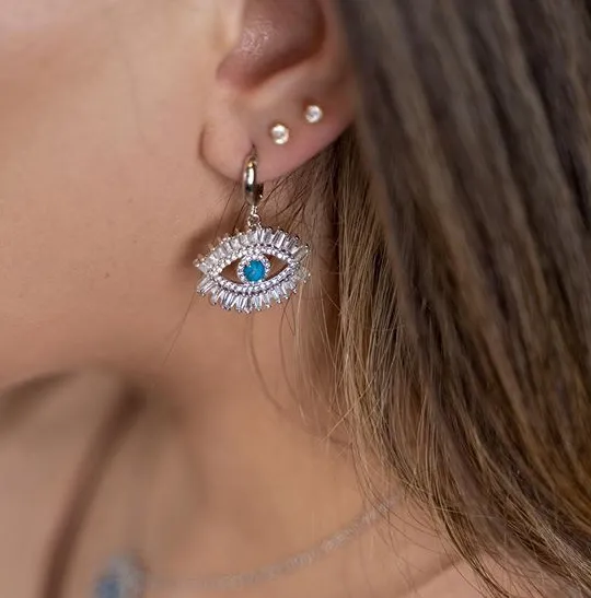 Authentic 1.2ct Round Created Opal Inlay Blue Fire Cocktail Earring Genuine AAA Cubic Zirconia Cz Eye Vintage Jewelry For Women