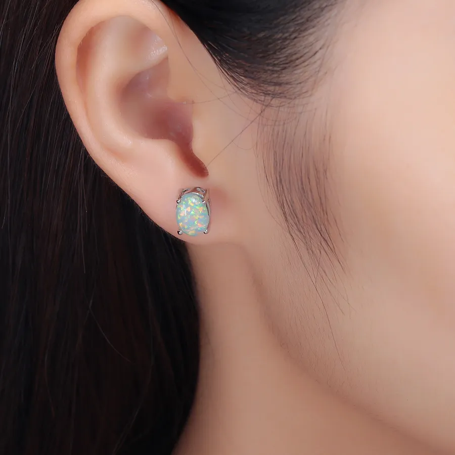 Authentic CiNily Green Fire Created Opal Stud Earrings Silver Plated Jewelry Wedding for Women Stud Earrings 9x7mm OH3844