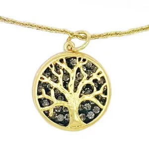 Authentic Flash Gold Plated TREE OF LIFE Pendant w Champagne-Color Crystals on 16"+2 Chain