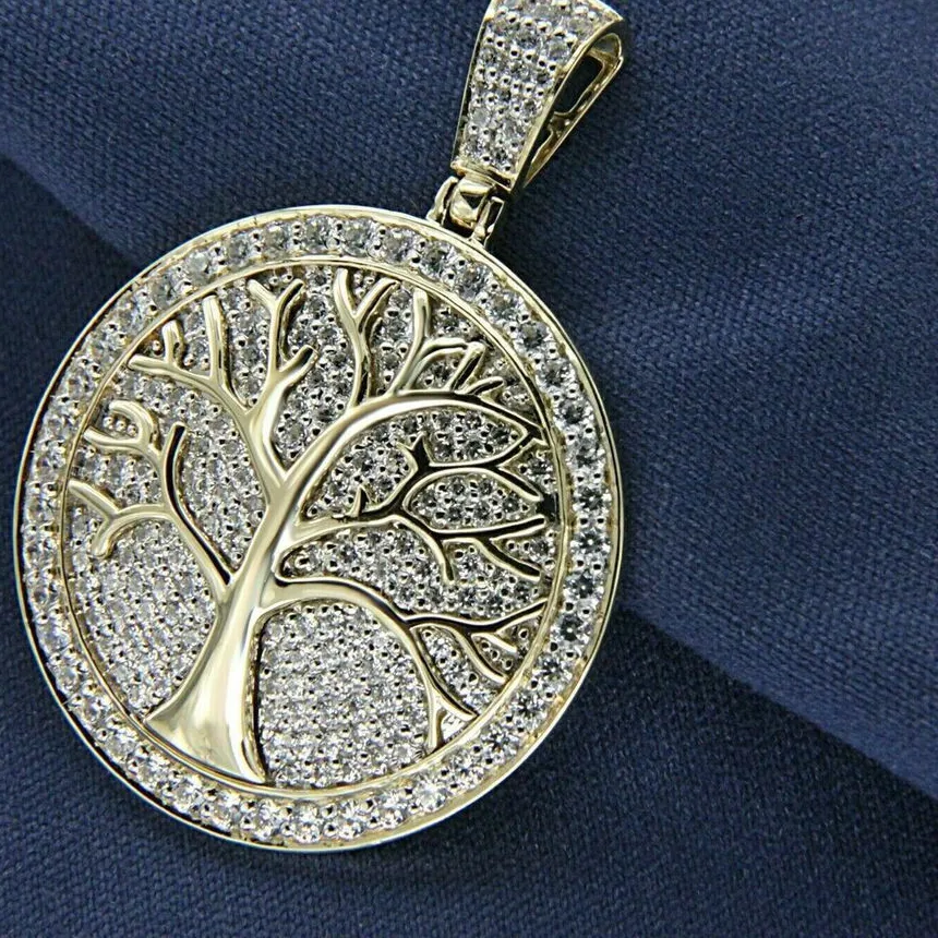 Authentic Men's "Tree of Life" Pendant 14K Yellow Gold Plated Silver 2 " Moissanite
