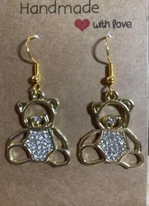 Authentic HANDMADE - Gold Plated Crystal Teddy Bears Hook Drop Earrings - Great