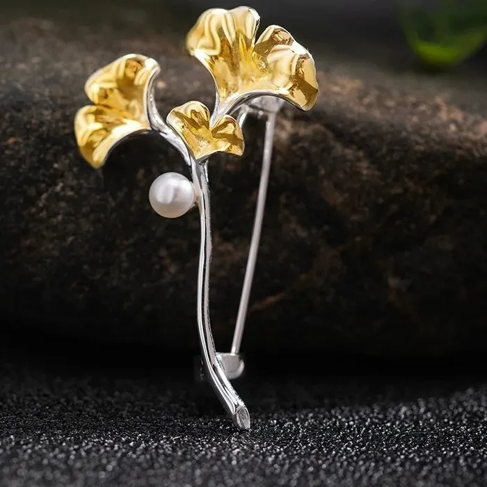 Authentic Ginkgo Leaf Brooch 925 Sterling Silver Gold Plated Pearl Two-Tone Flower Pin