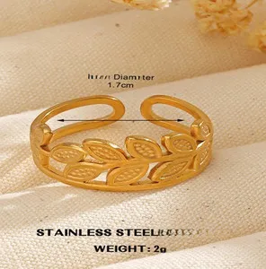 Authentic 18K Gold Plated Ginkgo Leaf Ring Open Adjustable Hip Hop Fashion Ring Women New