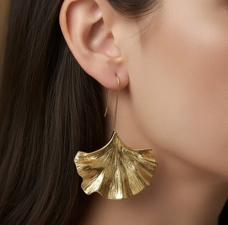 Authentic Ginkgo Leaf Zara Earrings Boho Y2K Dangle Gold Plated Drop Ethnic Flower CZ