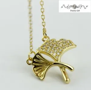 Authentic Golden Ginkgo Leaf Amulet – 925 Silver Necklace with Sparkling Zircon (16-18")