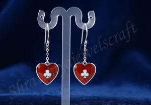 Authentic Scarlet Heart & Clover Enamel Talisman Earrings in 14K White Gold Over Silver